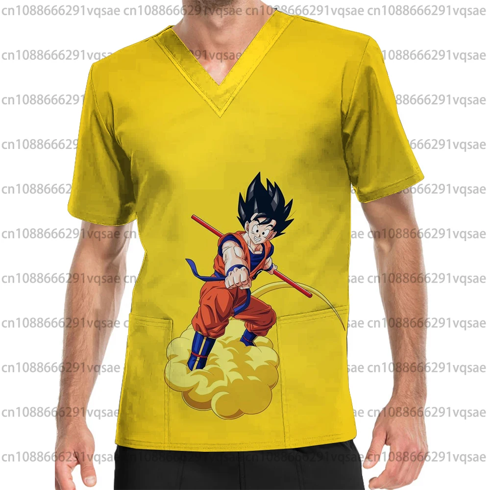 Summer New Men's Pocket V-Neck Scrub Top Dragon Ball Anime Men's Health Care Nurse Uniform Caregiver Work Short Sleeve T-Shirt
