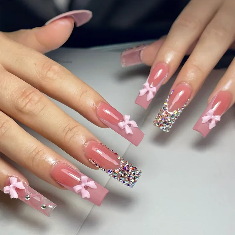 

24PCS Sweet 3D Bow Long Square False Nail Pink Tied with Diamonds Design Stick on Fake Nails for Spice Girls Wearable Full Cover