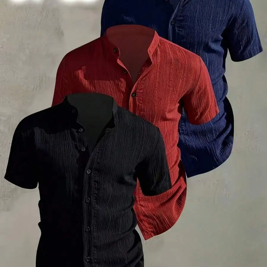 

3pcs Mens Summer Casual Short Sleeve Stand Collar Shirts, Button Up, Polyester, Beach Travel Outdoor