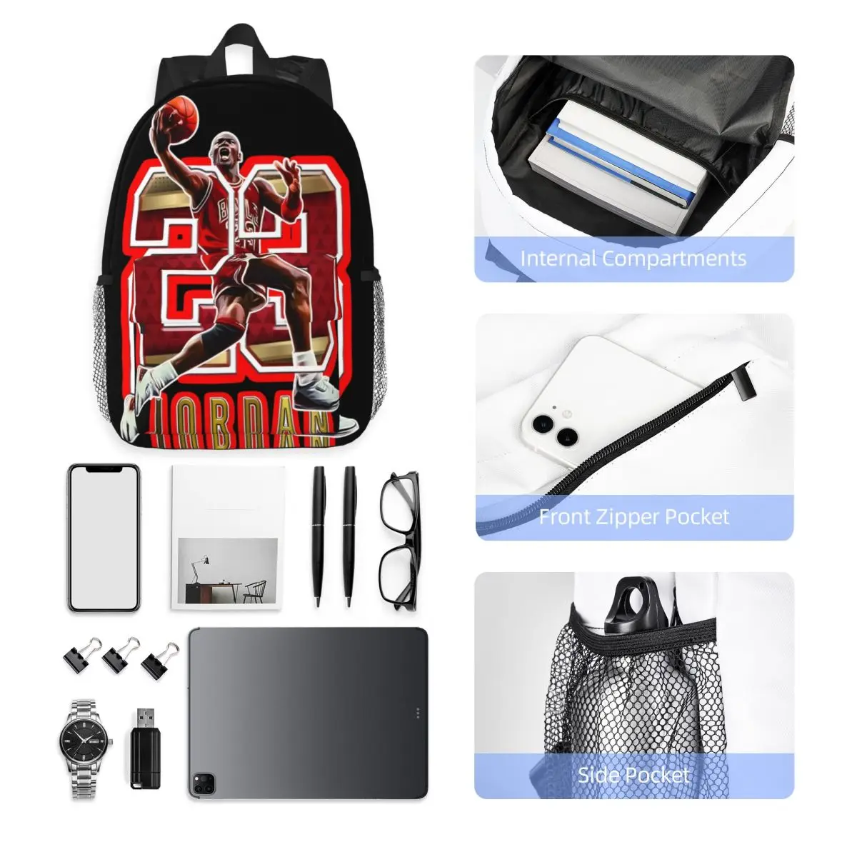 Michael-Jordan Student Schoolbag, sacos de lona para homens e mulheres, Laptop Backpack, 15\