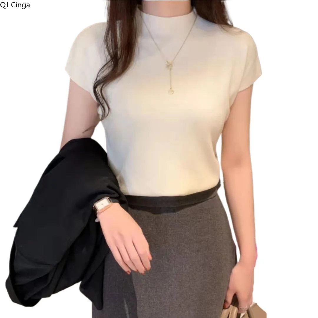 

Half-high Neck Women Short-sleeved Pullover Knit Sweater,Summer Thin Section Slim T-shirt Bottoming Shirt,Suitable for Slim Girl