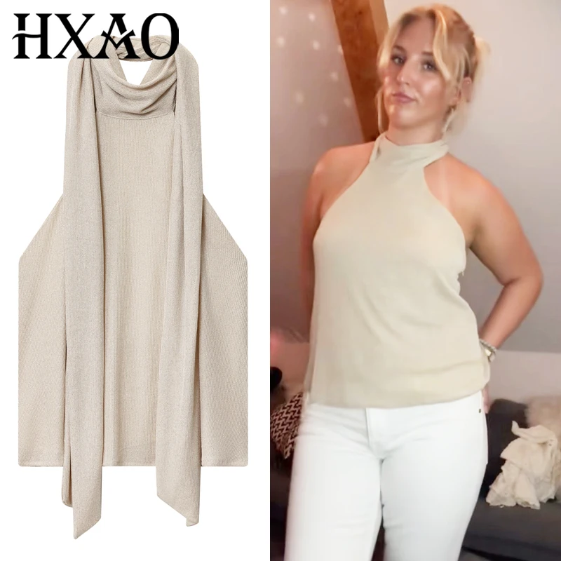 

HXAO Crop Halter Neck Top Women Autumn 2025 Sexy Tanks & Camis Lace-Up Sleeveless Backless Metallic Thread Tank Top Resort Vests