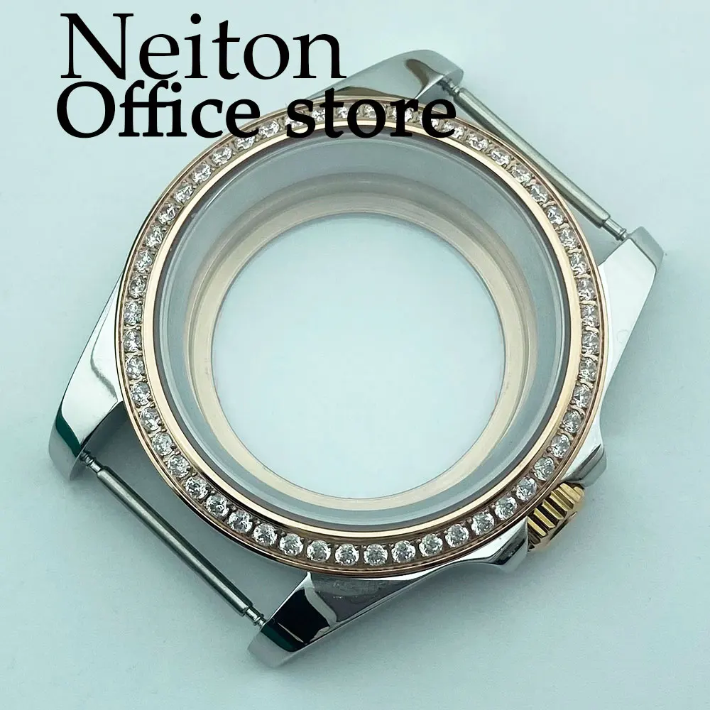 NEITON 36mm/39mm rose gold watch case sapphire glass gemstone bezel fit NH35 NH36 NH34 ETA2824 PT5000 movement