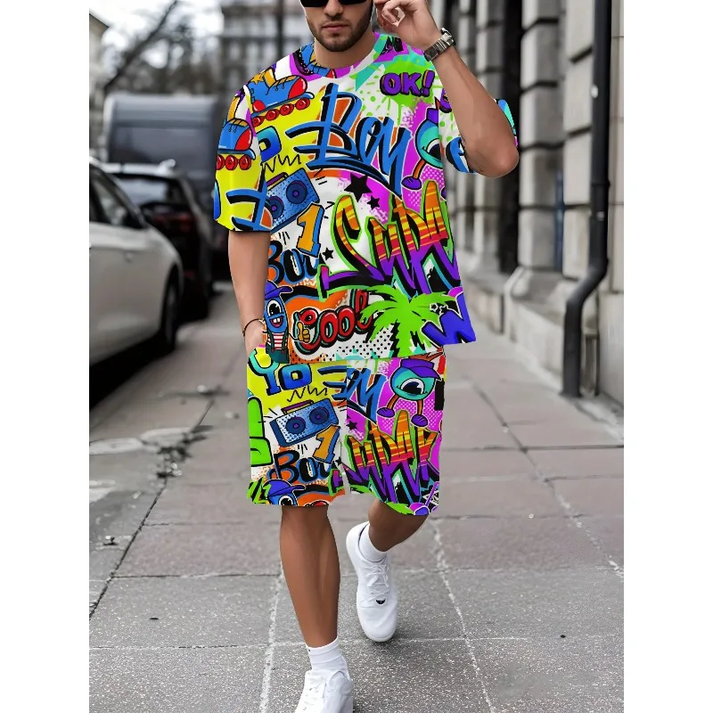 2025 Men's Breathable and Comfortable Short Sleeved Suit Best-selling New Set 3D Printing Design for Outdoor Travel