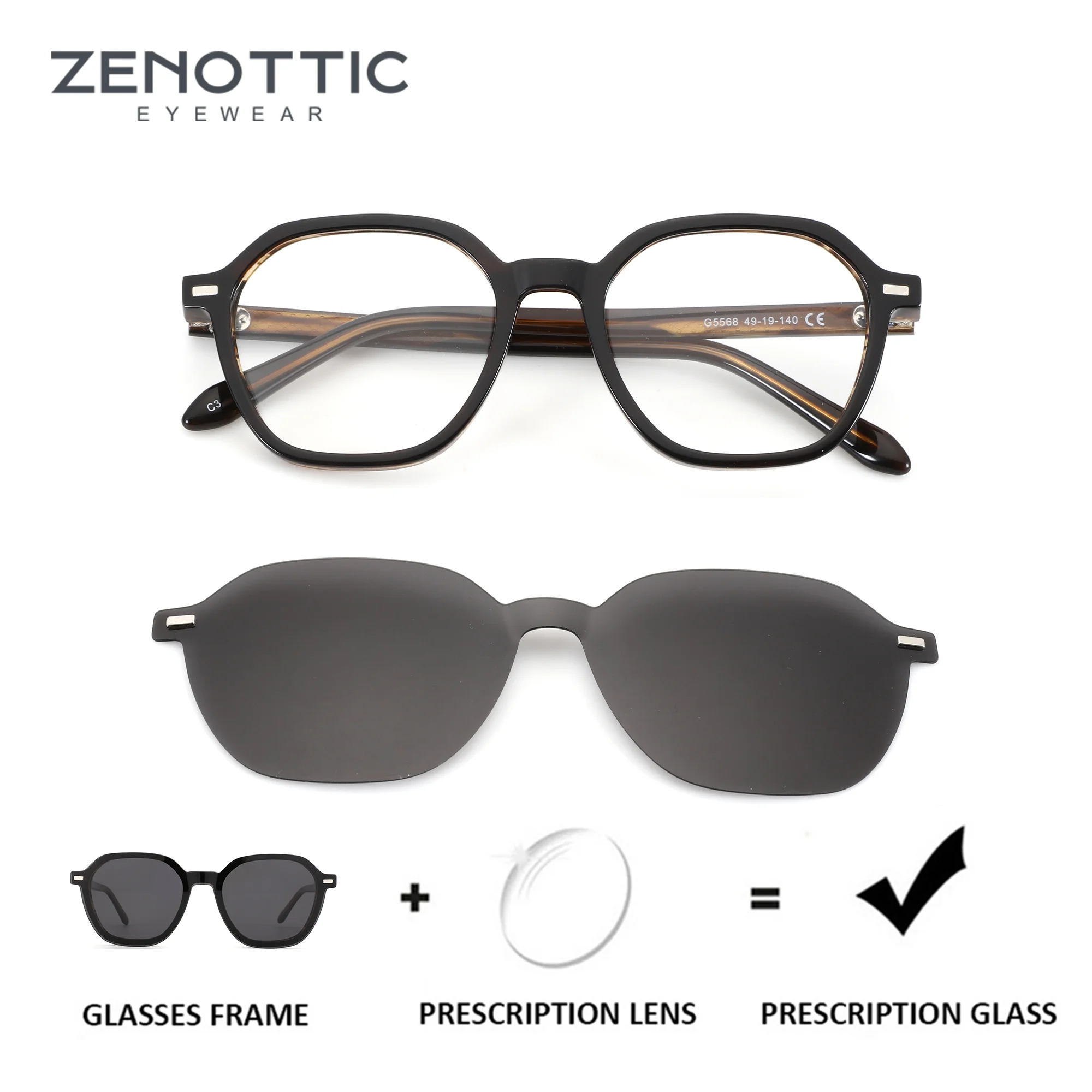 

ZENOTTIC (S Size) Polygon Acetate Clip on Prescription Glasses For Men Myopia Lenses Progressive Medical Eyewear