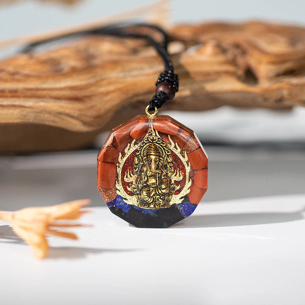 Handmade Ganesha Pendant Orgone Necklace For Men And Women - Protection And Healing Crystal Chakra Pendant With Adjustable Rope