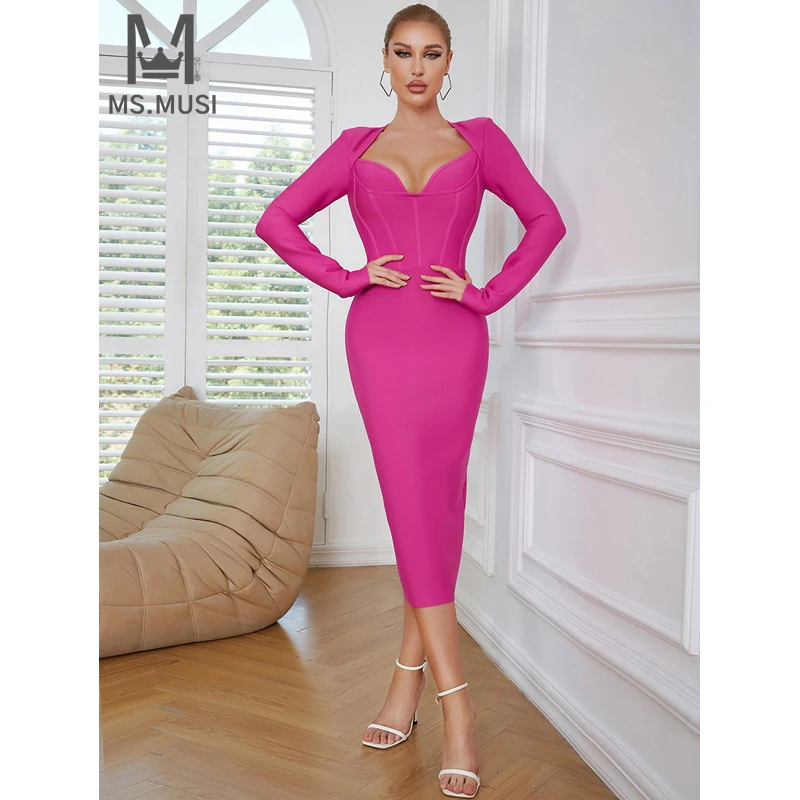 

MSMUSI 2024 New Fashion Women Sexy Solid V Neck Corset Long Sleeve Bandage Bodycon Party Club Event Slim Midi Dress Vestidos