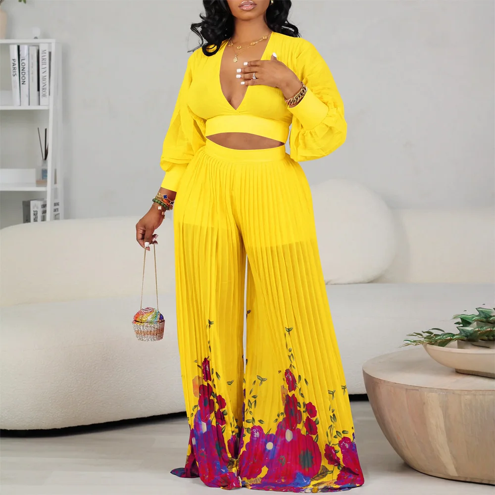 Women 2 Pieces Pants Sets Chiffon Pleated Printed Blouse Deep V Neck Full Sleeve & Long Trousers Elegant Birthday Party Outfits