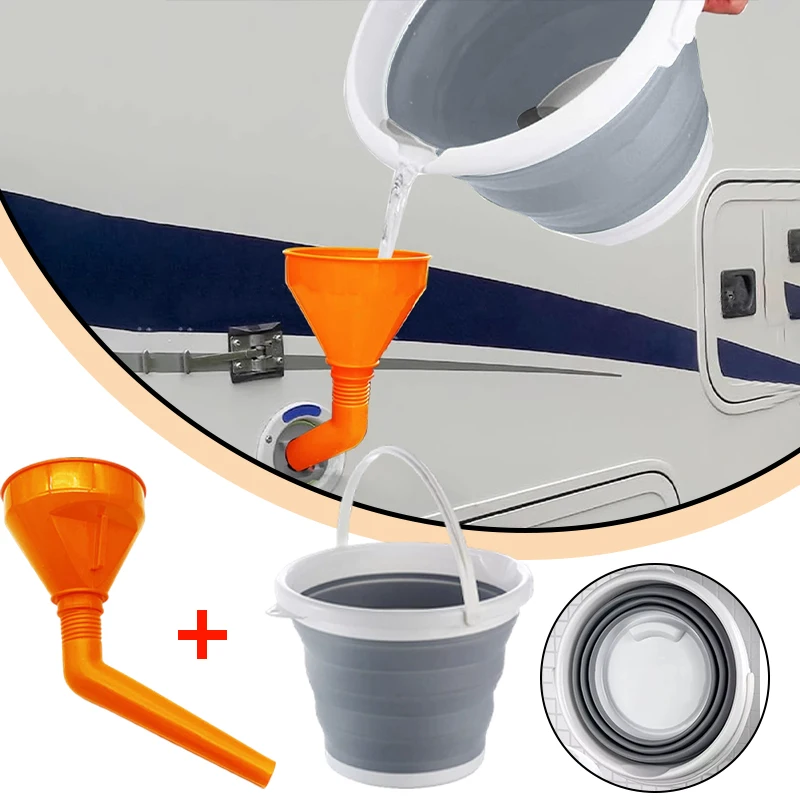 Funil de enchimento de funil de água para motorhome, funil de enchimento de descarga de vaso sanitário e balde de silicone dobrável de 10l para caravana