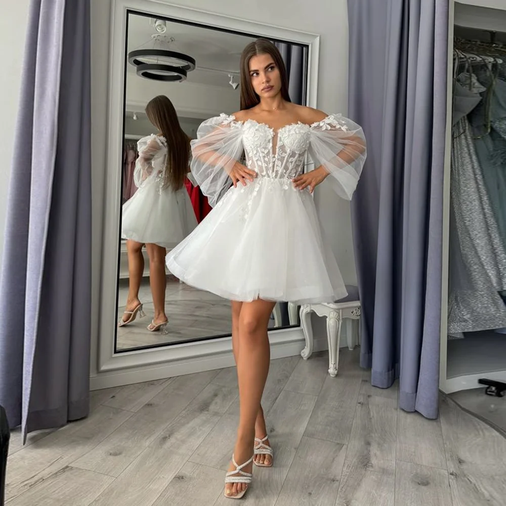 

Customzied Off-Shoulder Tulle Elegant A-line Wedding Party Dress with Appliques Lace Backless Short Mini Wedding Bridal Gown
