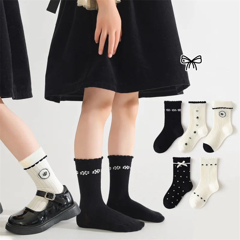 

5Pairs/set Children's Socks For Girls Autumn Winter Toddler New Print Lace Bow Princess Girl Cotton Soft Kids Socks 1-12Years