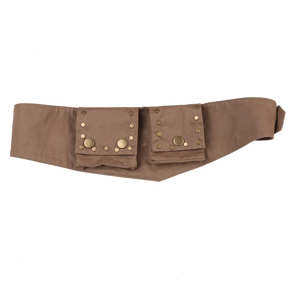 

Retro Alloy Grunge Bum Belt Vintage Cotton Waistband with Bag Brown Wide Belts Pockets Cargo Pants Accessories