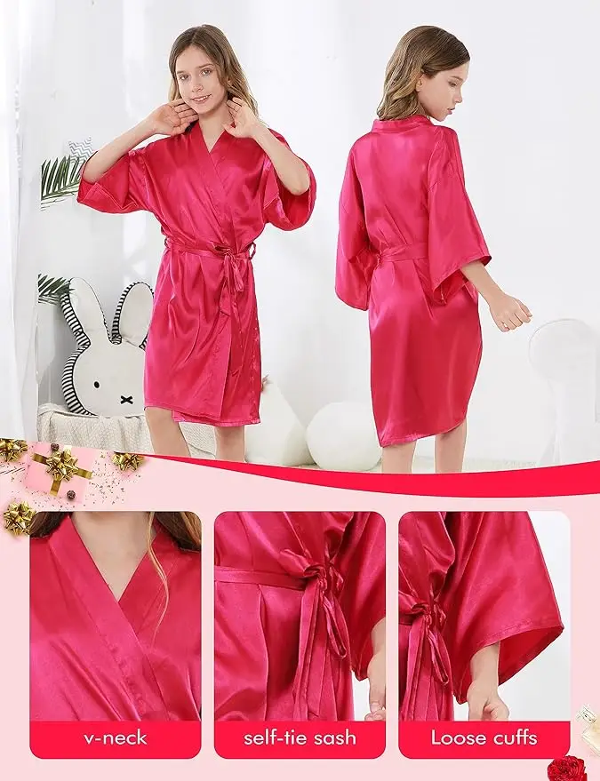 6 Pieces Girls Kids Silky Satin Solid Color Short Kimono Robes for Wedding Birthday Party Spa