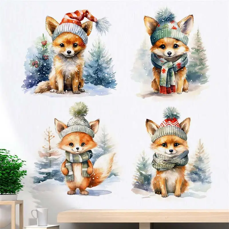 

Winter Christmas Watercolor Fox Wall Sticker Bathroom Toilet Living Room Decor Cabinet Refrigerator Home Decor Decals M1073