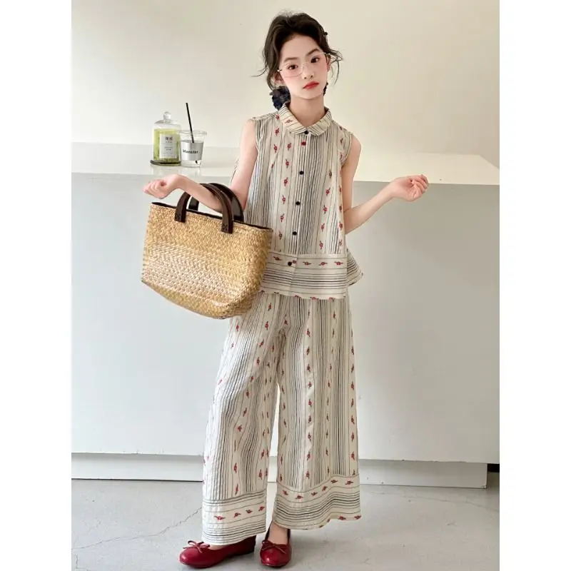 Kids Girls Casual Summer Set, Beige Floral Striped Sleeveless Button-Down Shirt + Wide Leg Pants Linen-Like Co-Ord for Toddlers