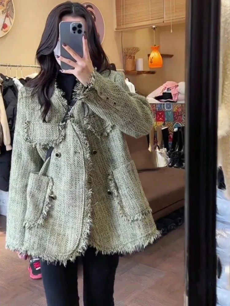 Woherb Temperament Jackets Women 2024 V-neck Tweed Outwear Casual Loose Green Tops Korean Chic Elegant Vintage Tassel Coats