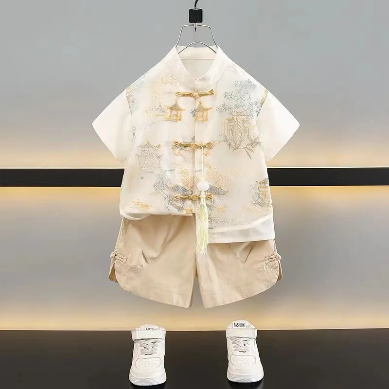 

Hanfu Kids New Chinese Summer Ethnic Clothing Baby Boy Girl One Year Old Dress National Style Cardigan Short Sleeved Shirt Short