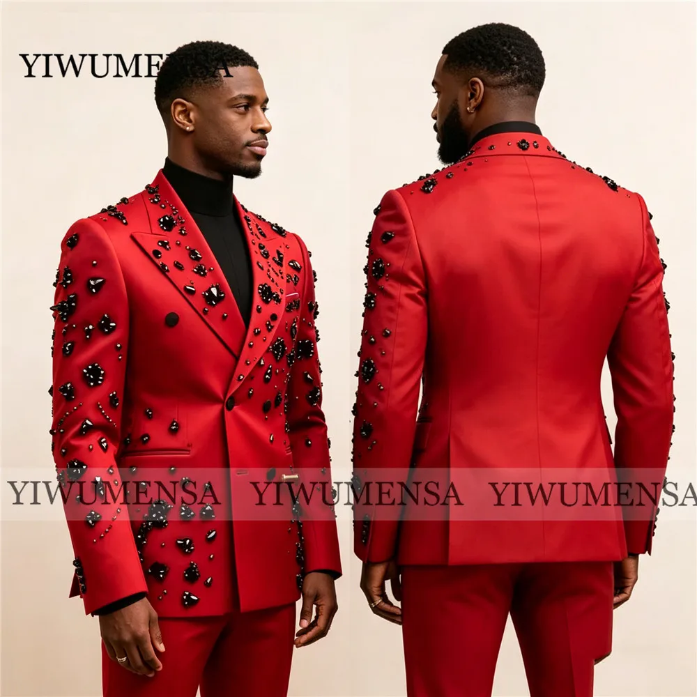 

Brilliant Red Wedding Suits For Goom Black Rhinestones Beaded Jacket Pants 2 Piece Sets Man Tuxedo Attire Trajes Para Hombre