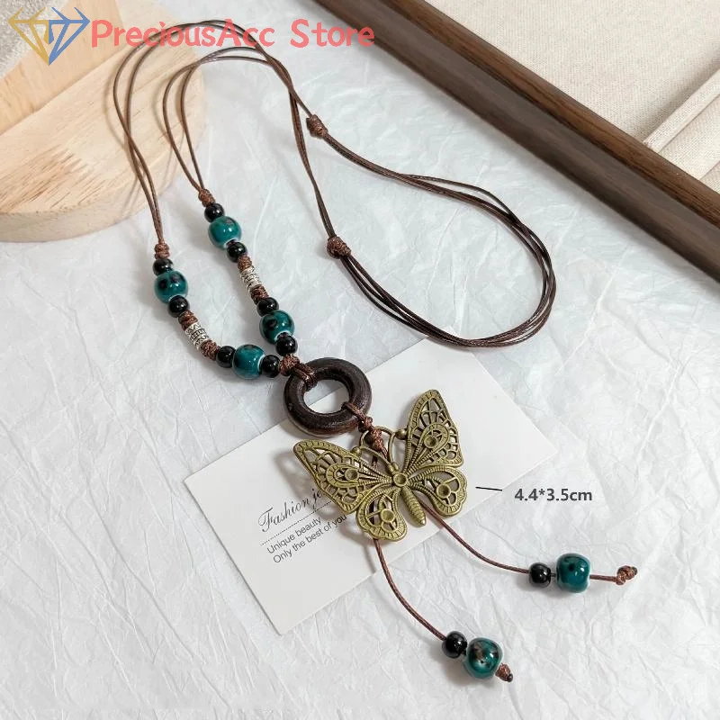 العرقية نمط السيراميك عقد بحلية متدلية على شكل فراشة القلائد لفتاة خمر البوهيمي نمط قلادة مجوهرات هدية