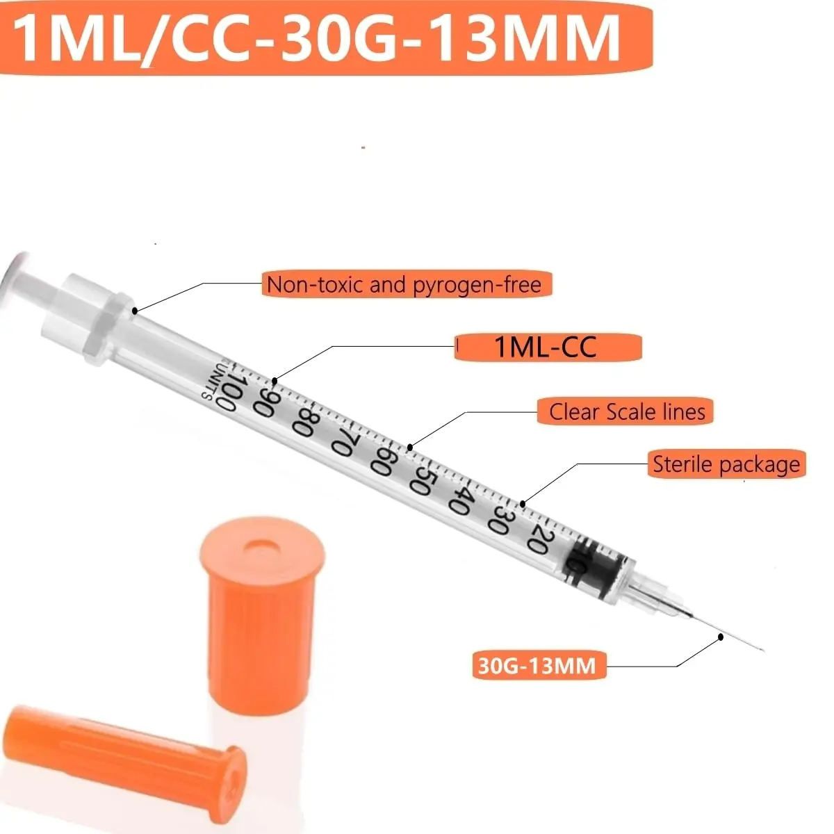 100Pack 1ml/1cc 30G 13mm Disposable insulin Syringe With Needle Orange Cap Sterilized individually packed for Veterinary Pet Use