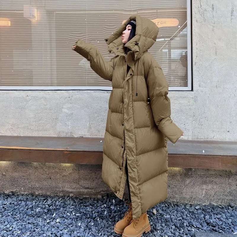 Parka rosa longa com capuz feminino, puffer acolchoado de algodão, parka casual, casaco grosso solto à prova de vento estilo coreano, roupa de