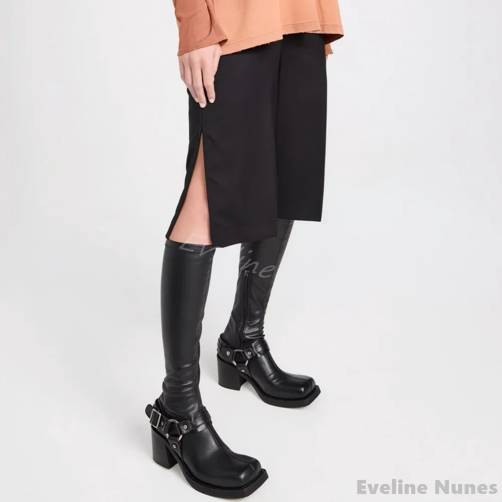 Square Toe Metal Belt Buckle Motorcycle Boots Women Chunky Heel Side Zipper Black Leather Knee High Boots 2025 New Stretch Boots