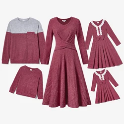 PatPat Family Matching Knit Long-sleeve Color-block/Solid Tops and Lace Hem Dresses Sets