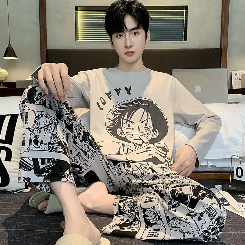 ONE PIECE Conan Men's Pajamas Long Sleeves Pure Cotton Spring and Autumn Large Size Cartoon Casual Breathable Teen Homewear Set