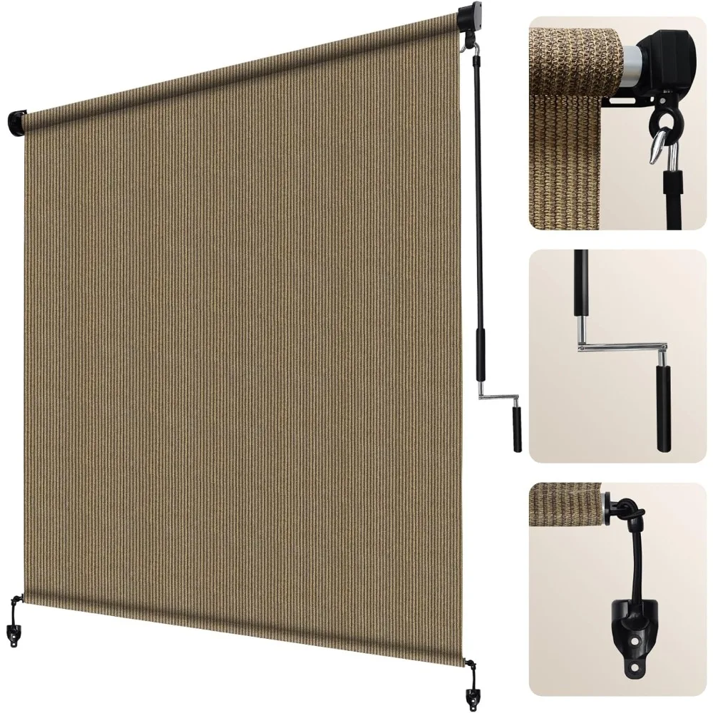 

Outdoor Roller Shade, Walnut Exterior Cordless Patio Shades Roll Up Blinds with Splicing Design, 2 Poles and 1 Piece Fabric