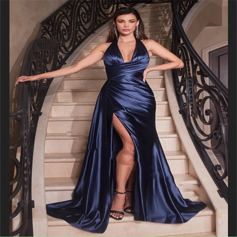 

Темно-синее атласное вечернее платье, женское платье длиной до пола, подтяжки, сексуальное свадебное платье с высоким разрезом, вечерние длинные бальные платья, трендовое пышное платье