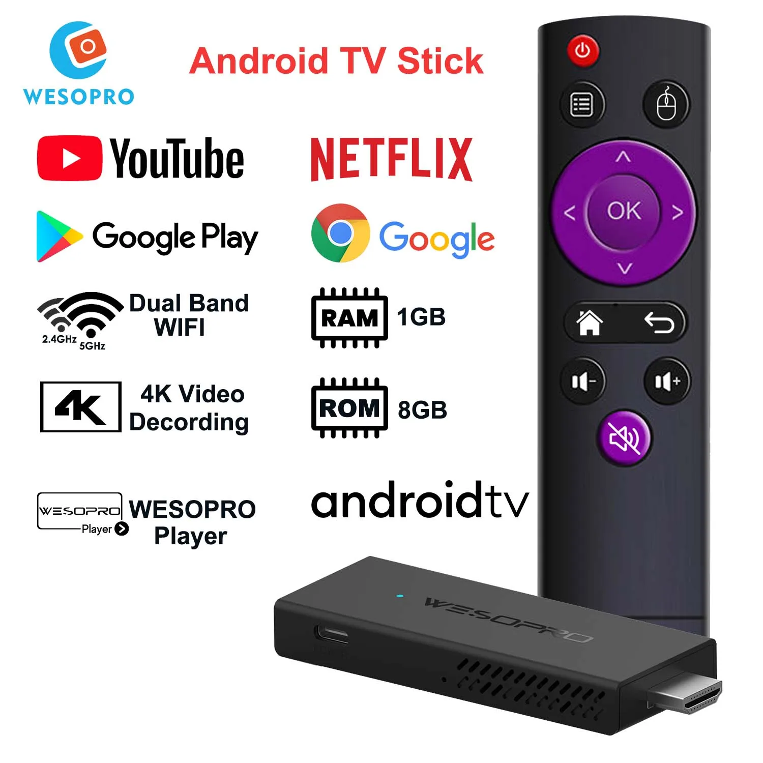 WESOPRO Android TV Stick G2 Lite Smart IPTV Dongle 1GB RAM 8GB ROM 2.4GHz 5.0GHz Wifi 4K Decoding Streaming Media VS Fire Stick