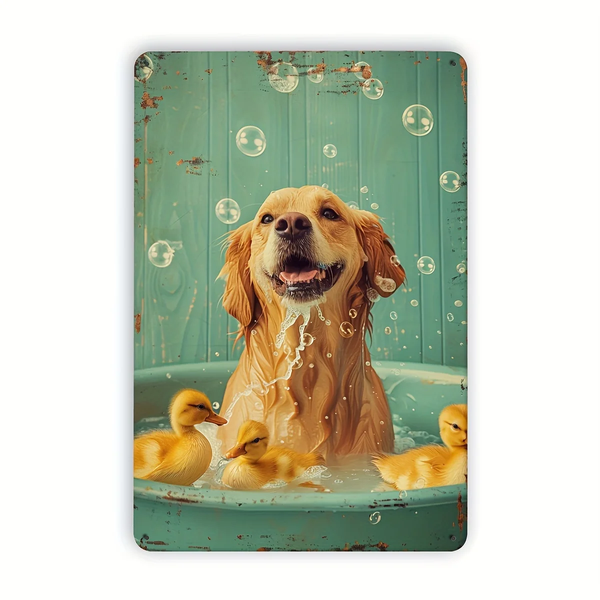 Vintage Metal Tin Wall Art - Playful Golden Retriever & Ducklings Bath Scene, Rustic Turquoise Iron Decor for Home Gym Bar Ca