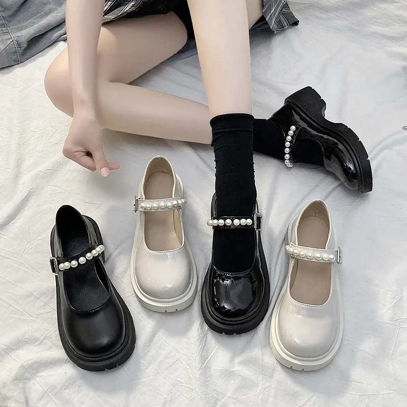 

Pearl Word Buckle Mary Jane Shoes Thick Sole Shoes Round Toe White Bright Leather British Small Leather Shoes Women 2022 New