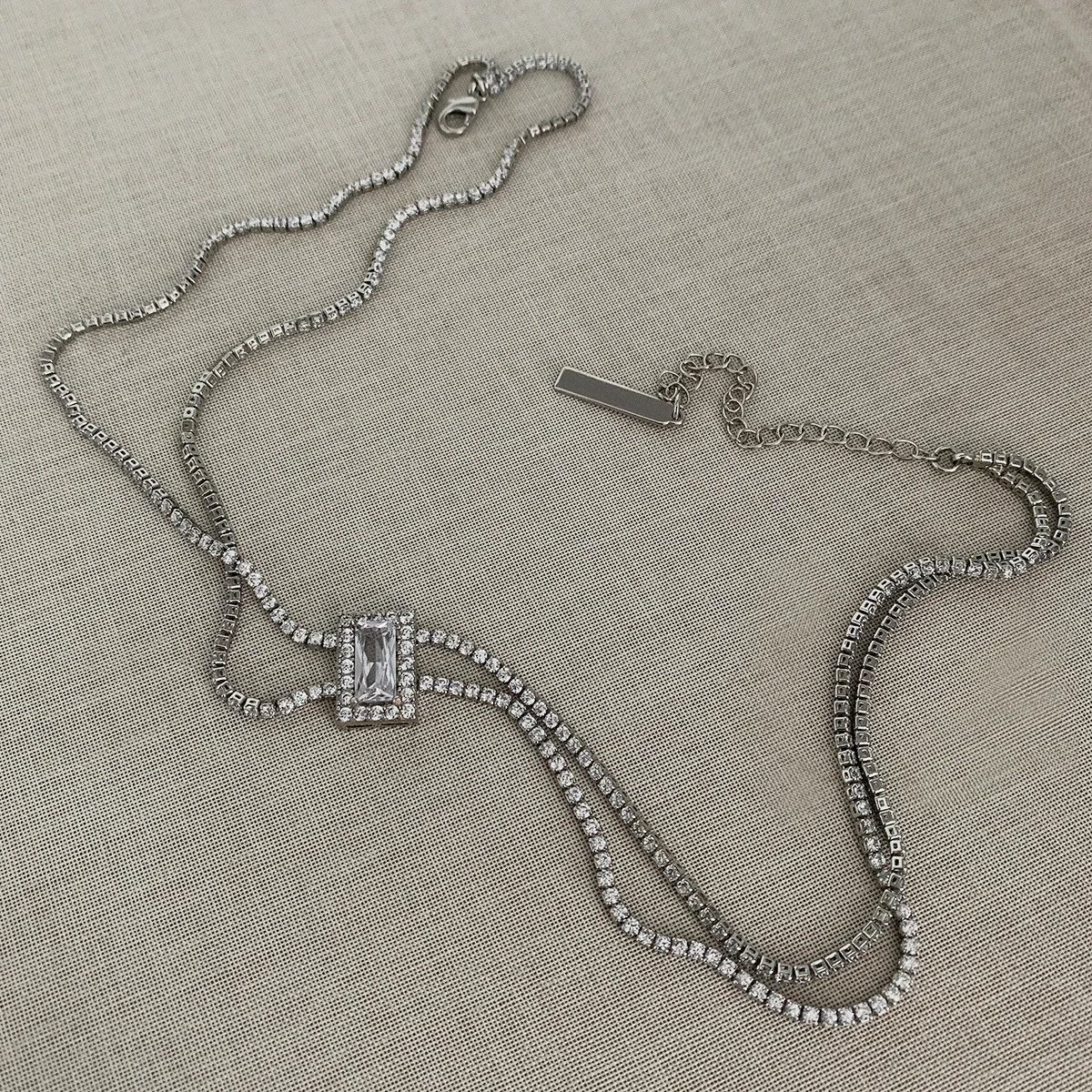 Fashion minimalist trend silver 925 high-end double layered full of  square diamond necklace collar exquisite wedding jewelry