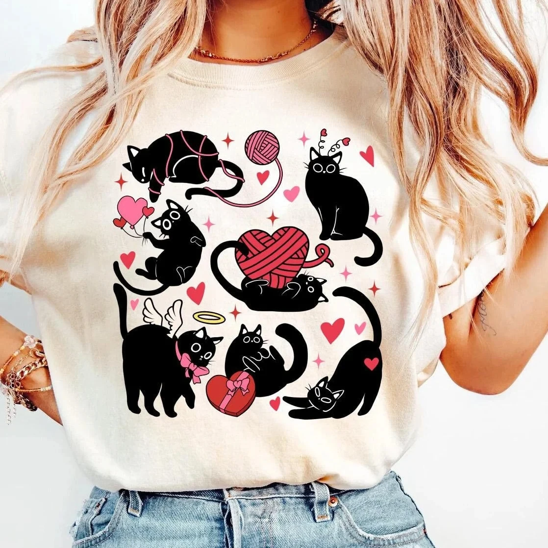 

Женская футболка больших размеров в стиле ретро с милыми кошками, дышащая из чистого хлопка, модная и универсальная уличная одежда унисекс большого размера