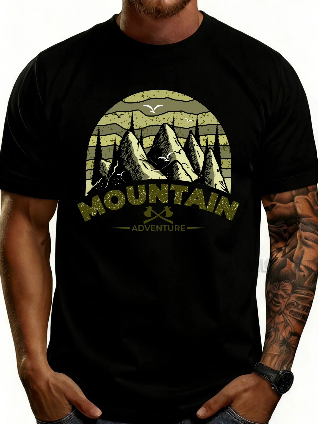 Outdoor Adventure Style Men's T-Shirt, Featuring Mountain Scenery, Peaks, and Birds, Perfect for Hiking and Camping Season, a Perfect Gift for Nature Lovers and Travel Enthusiasts.