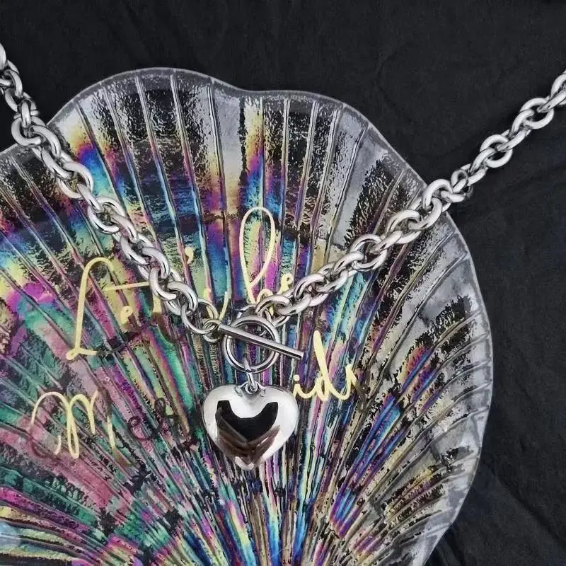 Punk Stainless Steel Long Thick Chain Toggle Heart Pendant Necklace For Women Men Goth Choker Necklaces 2024 Trend Neck Jewelry