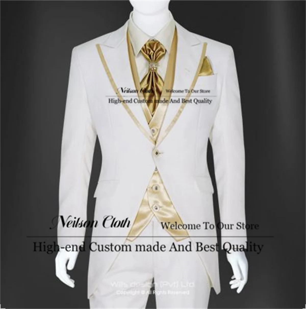 

White One Button Male Prom Blazers 3 Pcs Sets Golden Vest Tailcoat Groom Wedding Tuxedos Customized Peaked Lapel Costume Homme