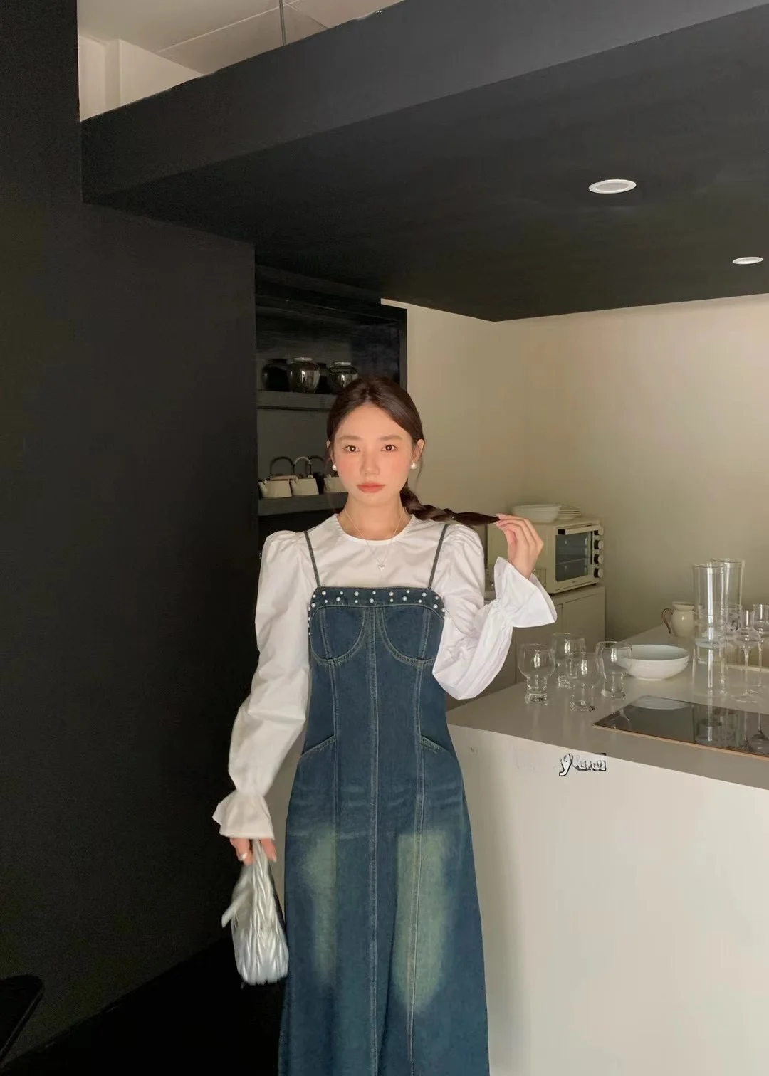 

YLS American Style Denim Pearl Strap Dress Set Women's Slimming Base Layer Two Piece Set Long Sleeve round Neck Autumn Fashion