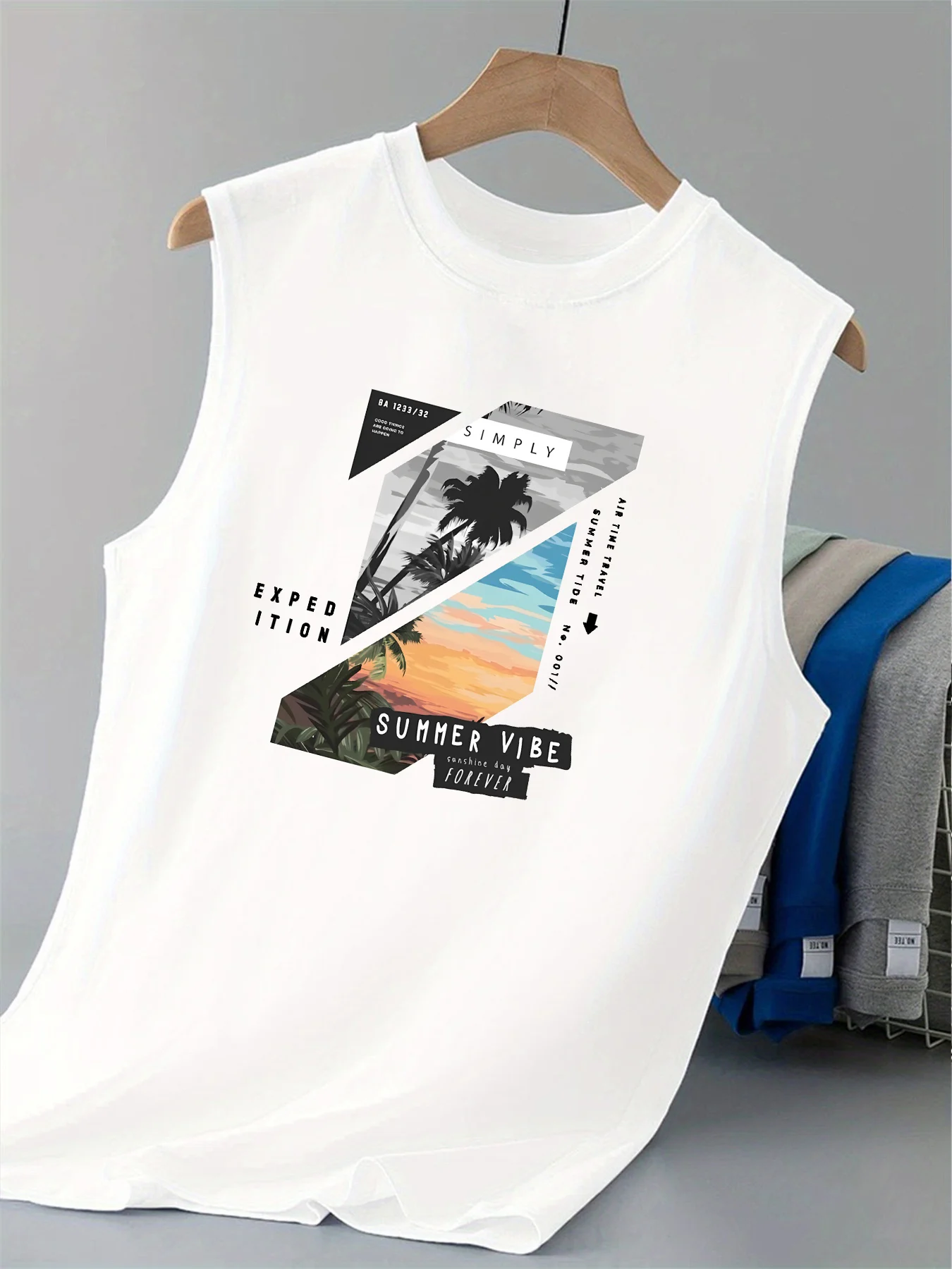Men's Summer Leisure Sports Fitness Loose Beach Coconut Tree Pattern Printed Comfortable Breathable Round Neck Sleeveless Tank T