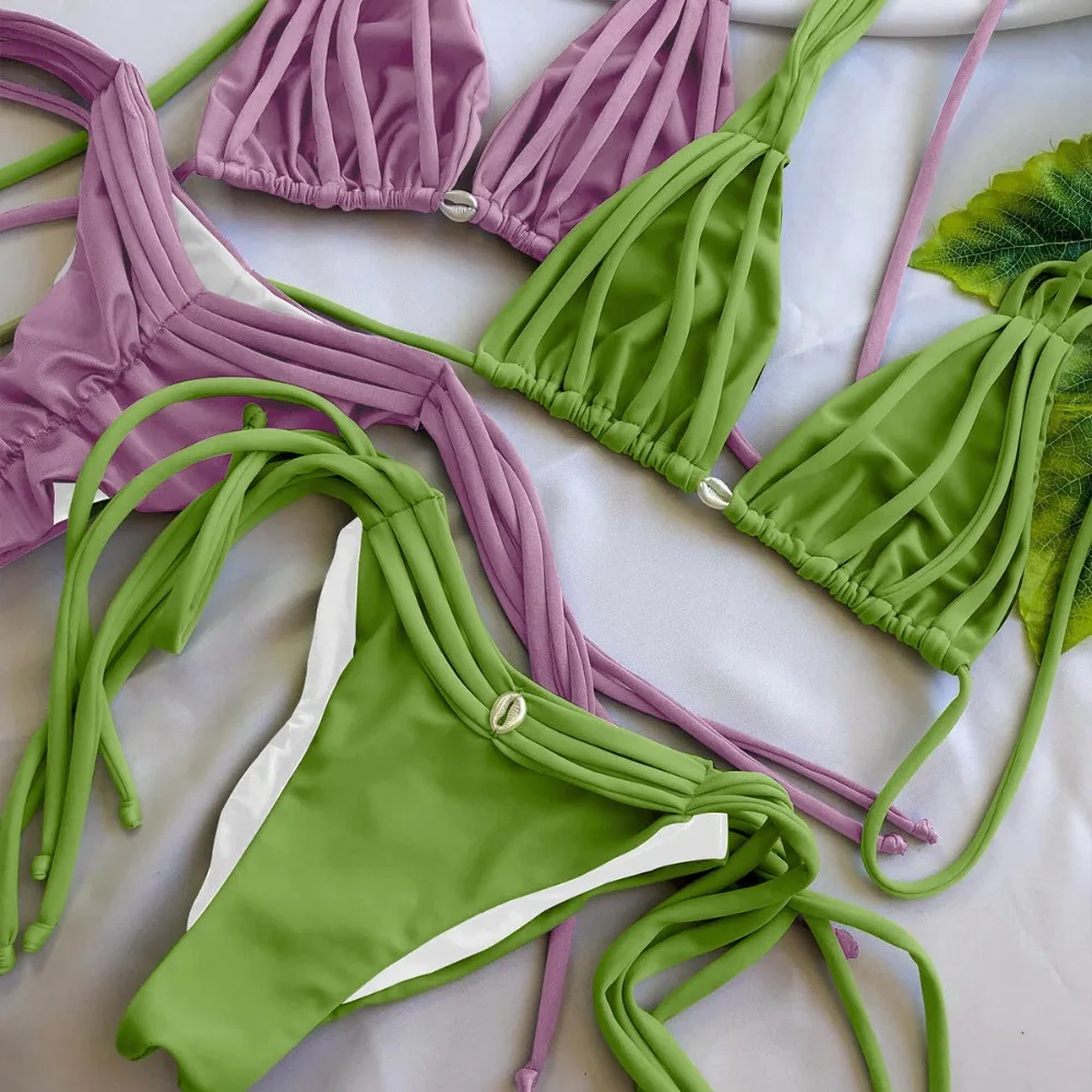 

Однотонный бандажный купальник-бикини, женские купальники, горячие сексуальные купальные костюмы, купальник из двух предметов, летние каникулы, пляжная одежда, новинка 2023 г.