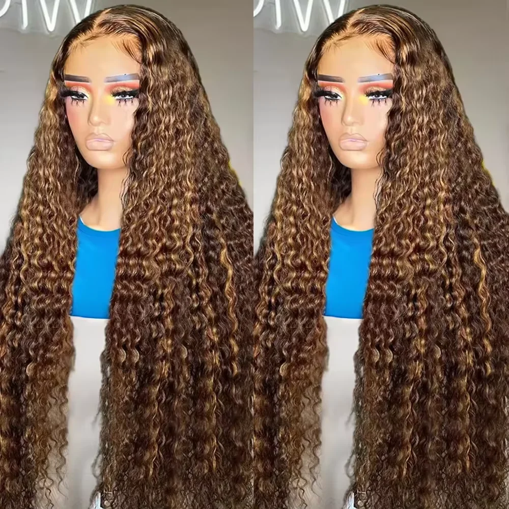 

Curly Deep Wave 34inches Pre Cut Highlight Ombre Glueless Preplucked Human Wigs Ready to Go 13x4 Glueless Lace Frontal Wigs 4/27