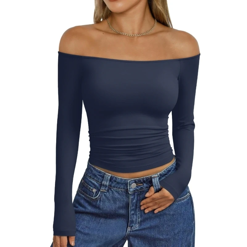 

HX6F Womens Long Sleeve Off The Shoulder Tops Going Out Basic Fall Fashion Outfits Clothes
