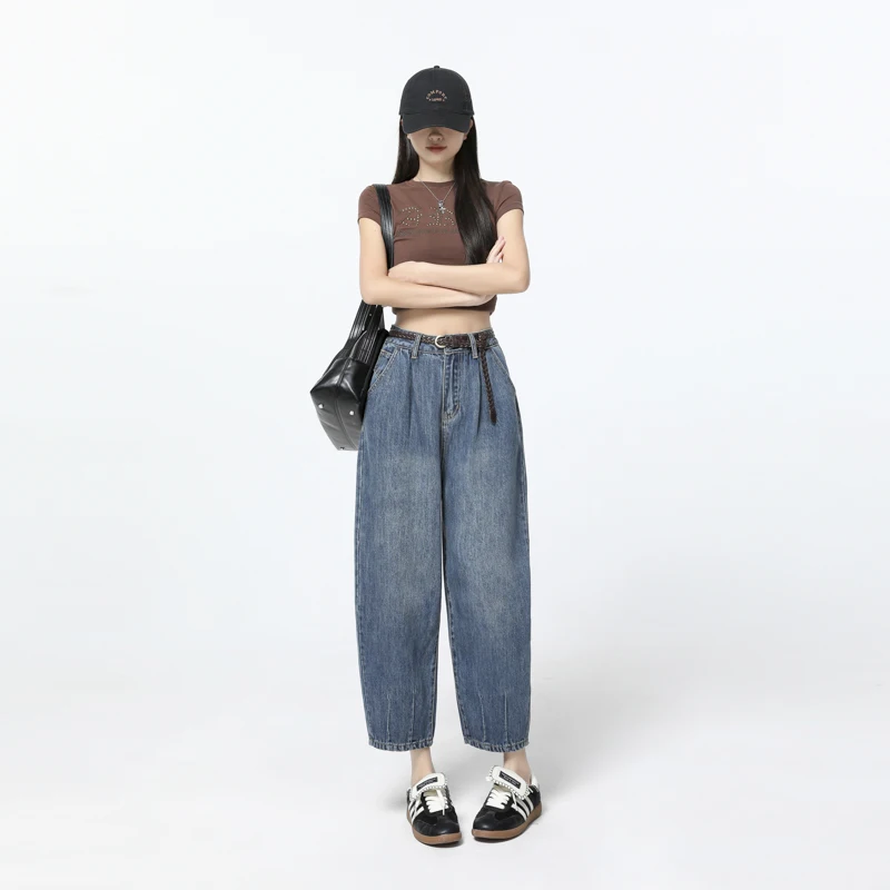 Ladies Pants High Waist Loose Wide Leg Casual  Denim Banana Trousers New Retro Draped Ice Cool Petite Curve Blade Jeans