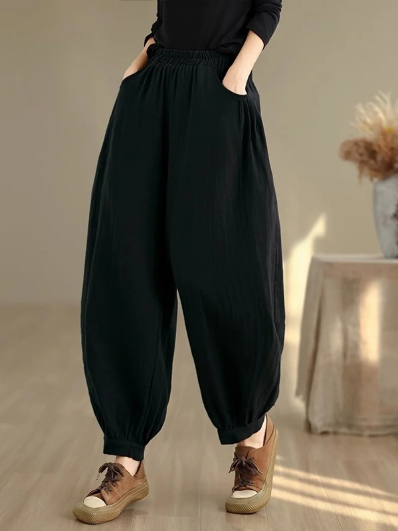 

Однотонные хлопковые и льняные шаровары для женщин, лето 202, повседневные брюки с высокой талией, свободные универсальные укороченные брюки w668