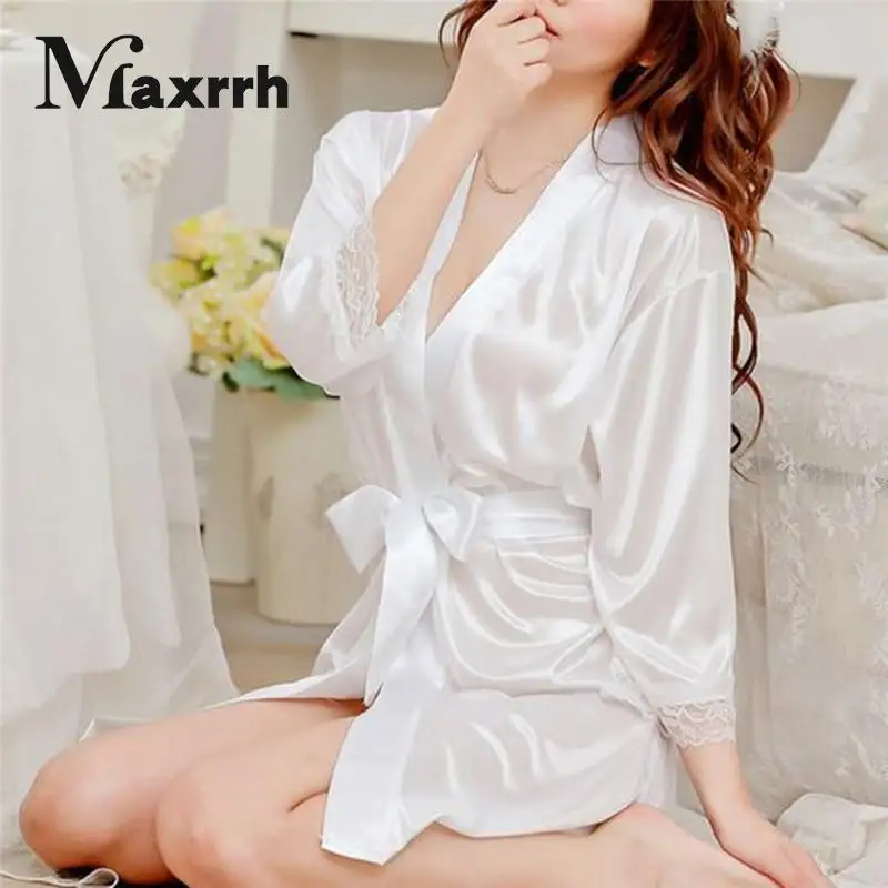 

Night Robe Sleepwear Dress Nightdress Sexy Homewear Women V Neck Three Quarter Length Sleeve Satin Robe Black/Rose/White