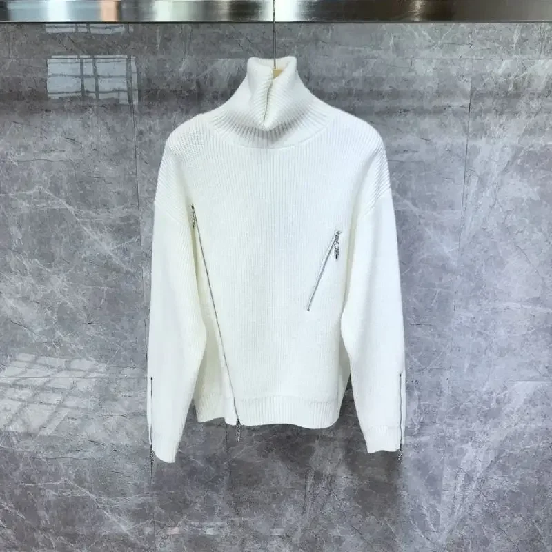 Maglione lavorato a maglia maschile collo alto abbigliamento uomo pullover dolcevita bianco cerniera tinta unita Y2k Streetwear pianura moto vecchio X