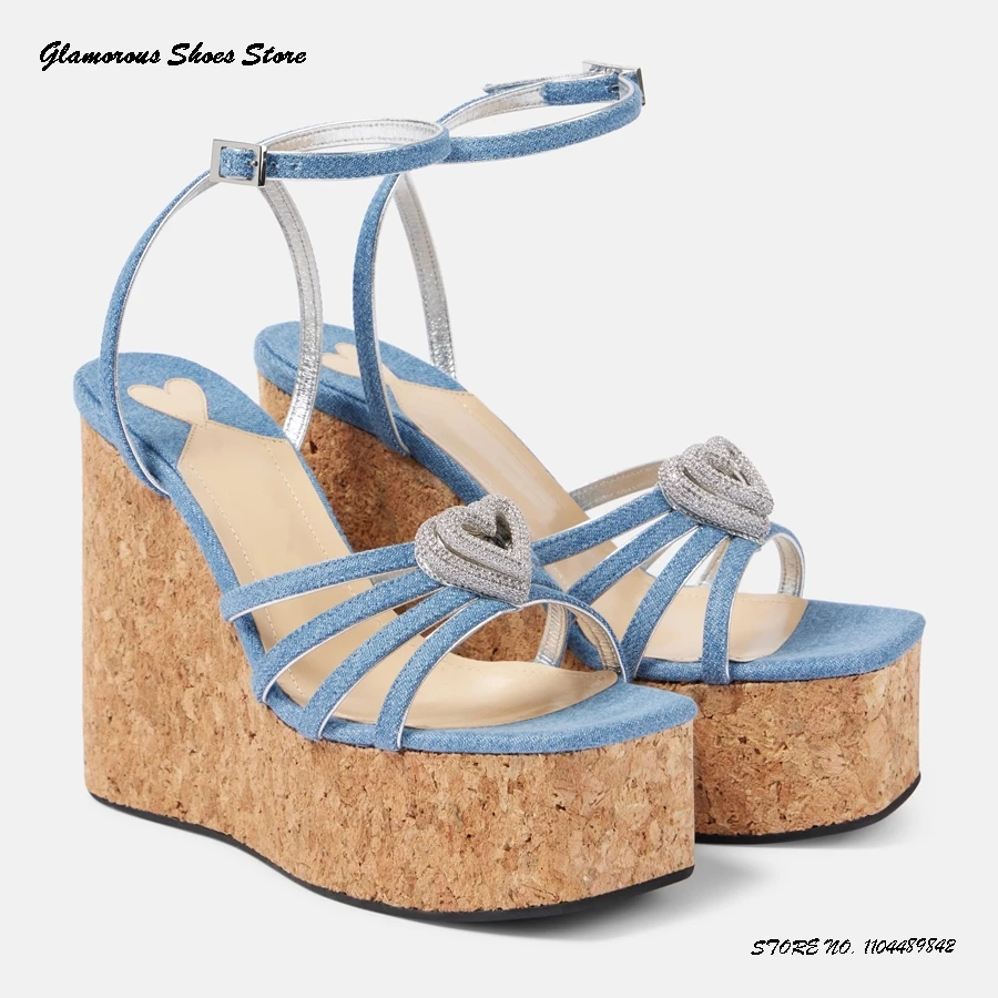 

Crystal Double Heart Platform Sandals Women's Square Open Toe Wedge Party Wedding Shoes Summer Buckle Strap Fashion High Heels