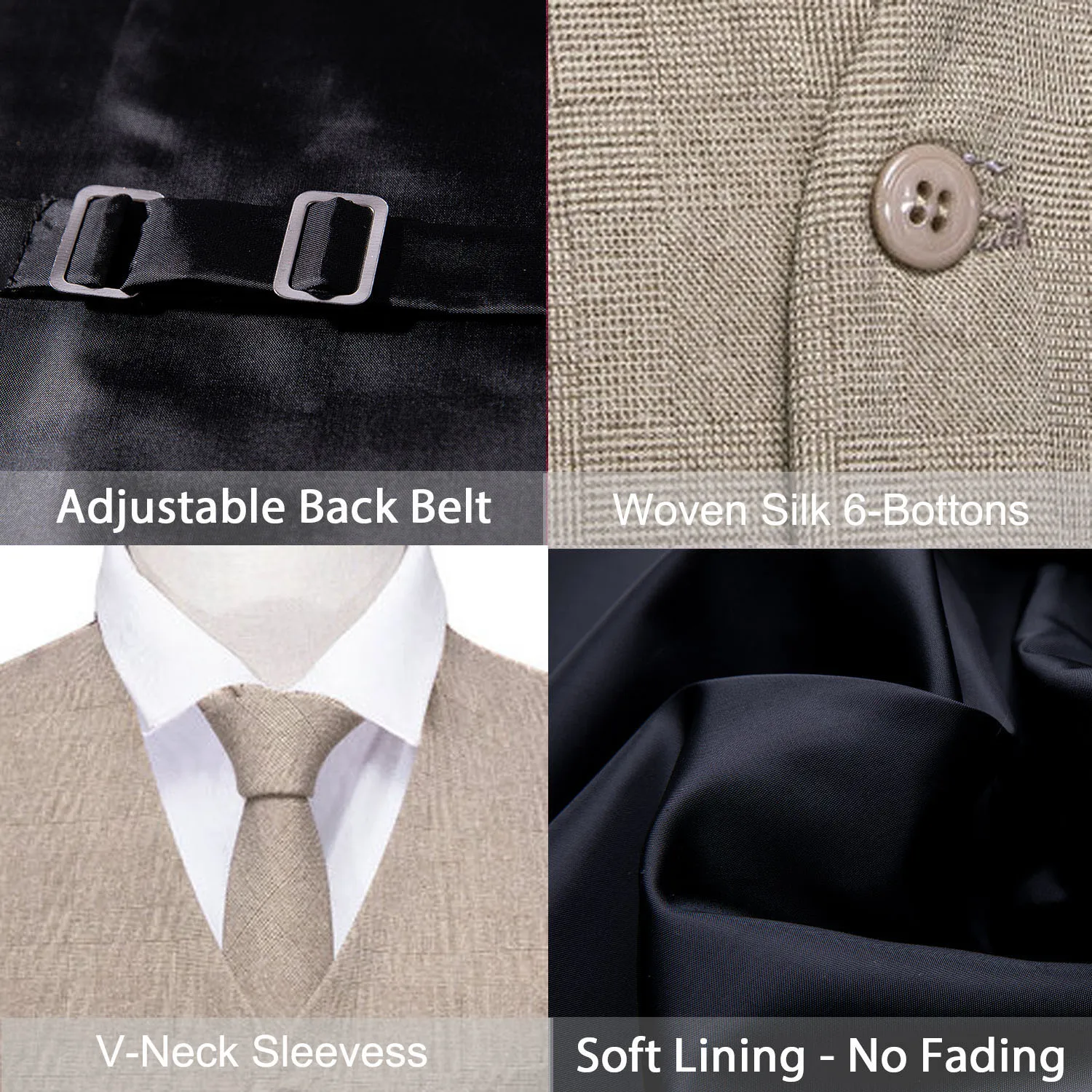 Silk Mens Vest Khaki Solid Pink Blue Black Brown Plaid V-Neck Waistcoat Tie Hanky Cufflinks Set Wedding Business Barry.Wang