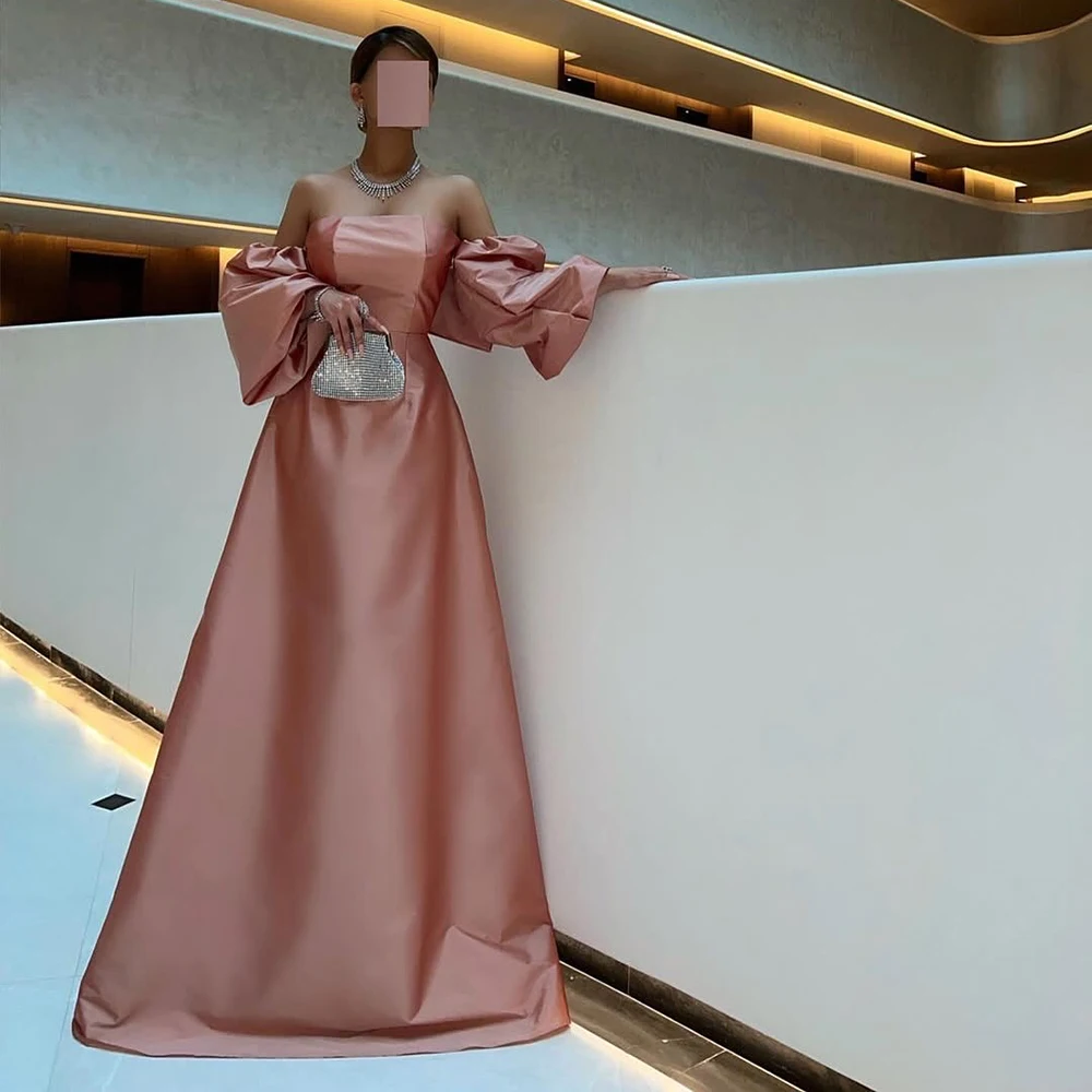 

Customized Simple Strapless Pink A-line Satin Evening Dress Sweep Train Backless Party Gown Floor Length Prom Dress For Women